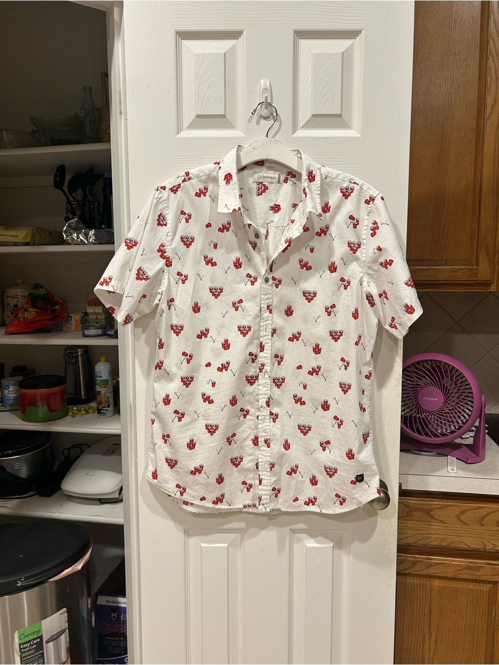 Men's White Short-Sleeve Button-Down Shirt with beer pong large
